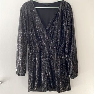 Black Sequined VNeck HighWaist LongSleeve Jumpsuit